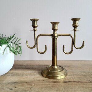 Vintage Solid Brass Mid Century 3 Branches Candleholder. Home Holiday Decor.